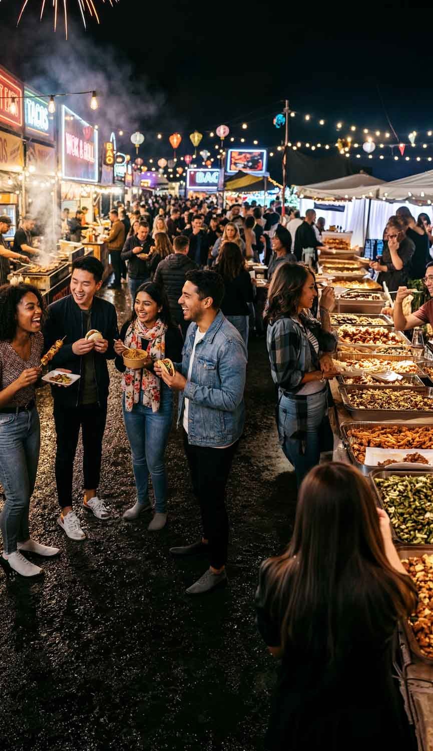 People enjoying food at a vibrant night market with food stalls, colorful lanterns, and string lights.