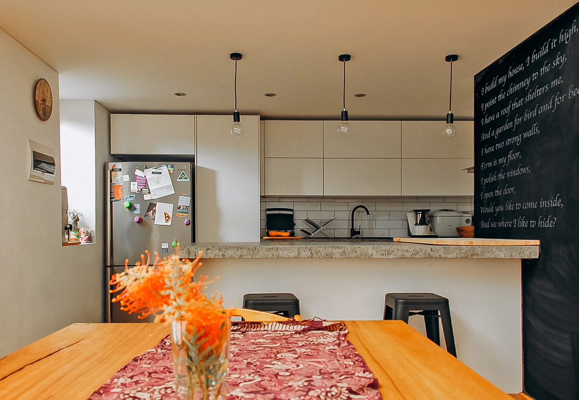 Kitchen and dining area in sustainable straw bale home in Hilton, Fremantle