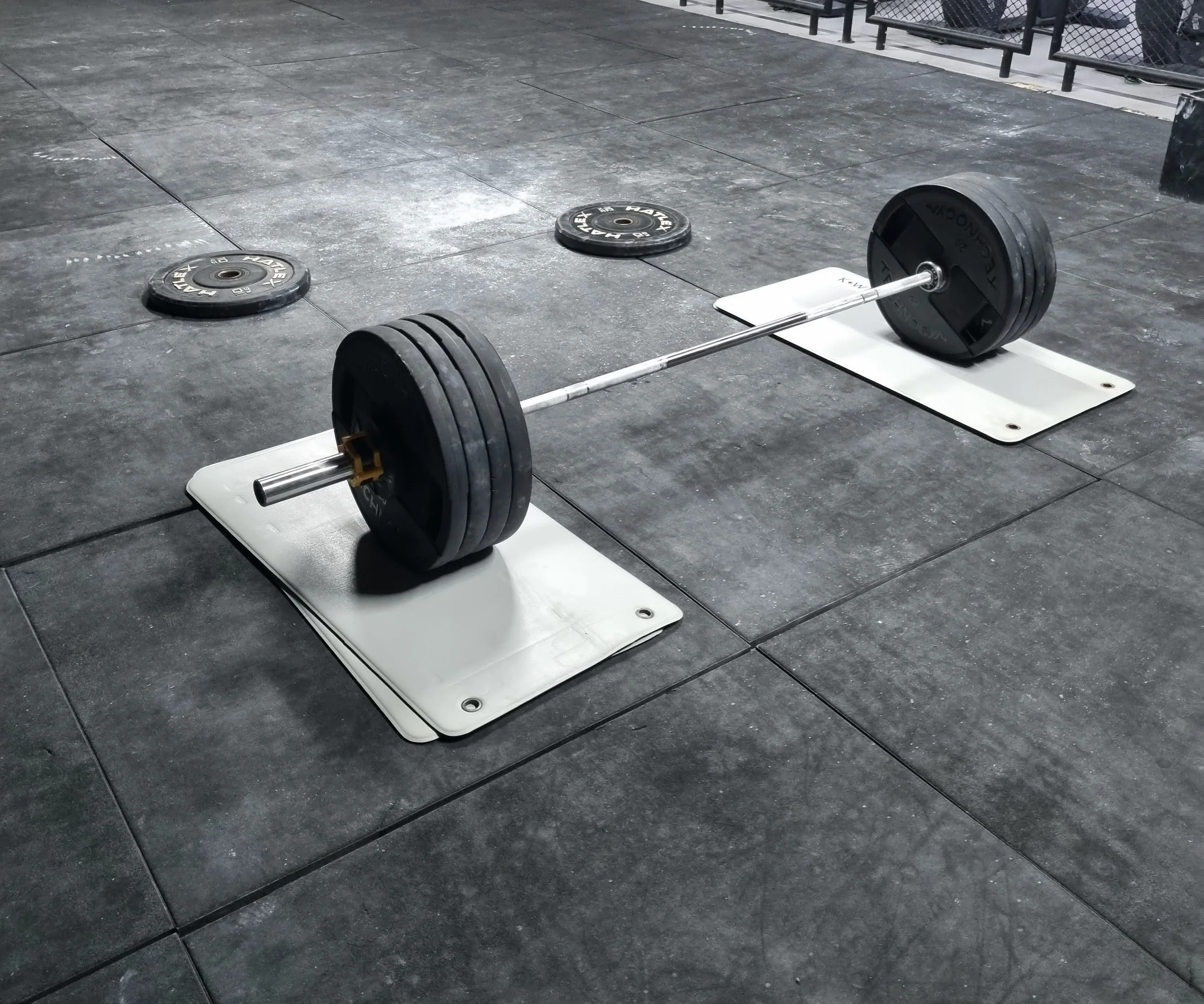 Pesi da palestra e bilanciere caricato con dischi, posizionati su un pavimento di palestra