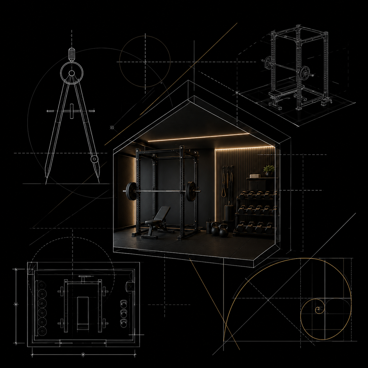 Una stanza di palestra moderna con attrezzature per sollevamento pesi e kettlebell, circondata da disegni tecnici e schizzi architettonici su sfondo nero.
