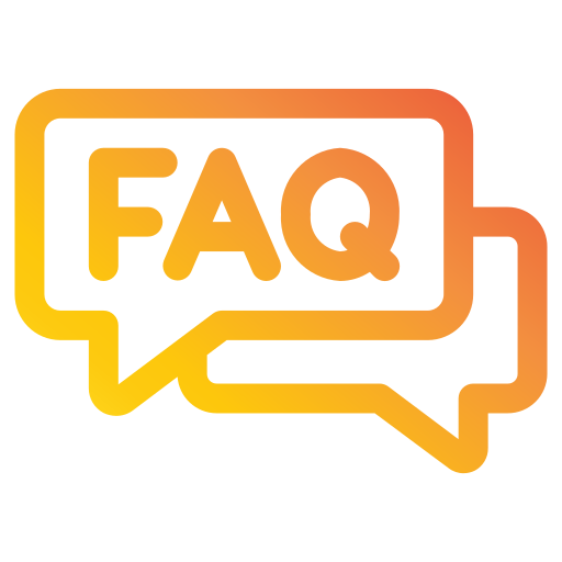 Stylized FAQ icon with two speech bubbles, one contains the text 'FAQ' in gradient yellow and orange colors.