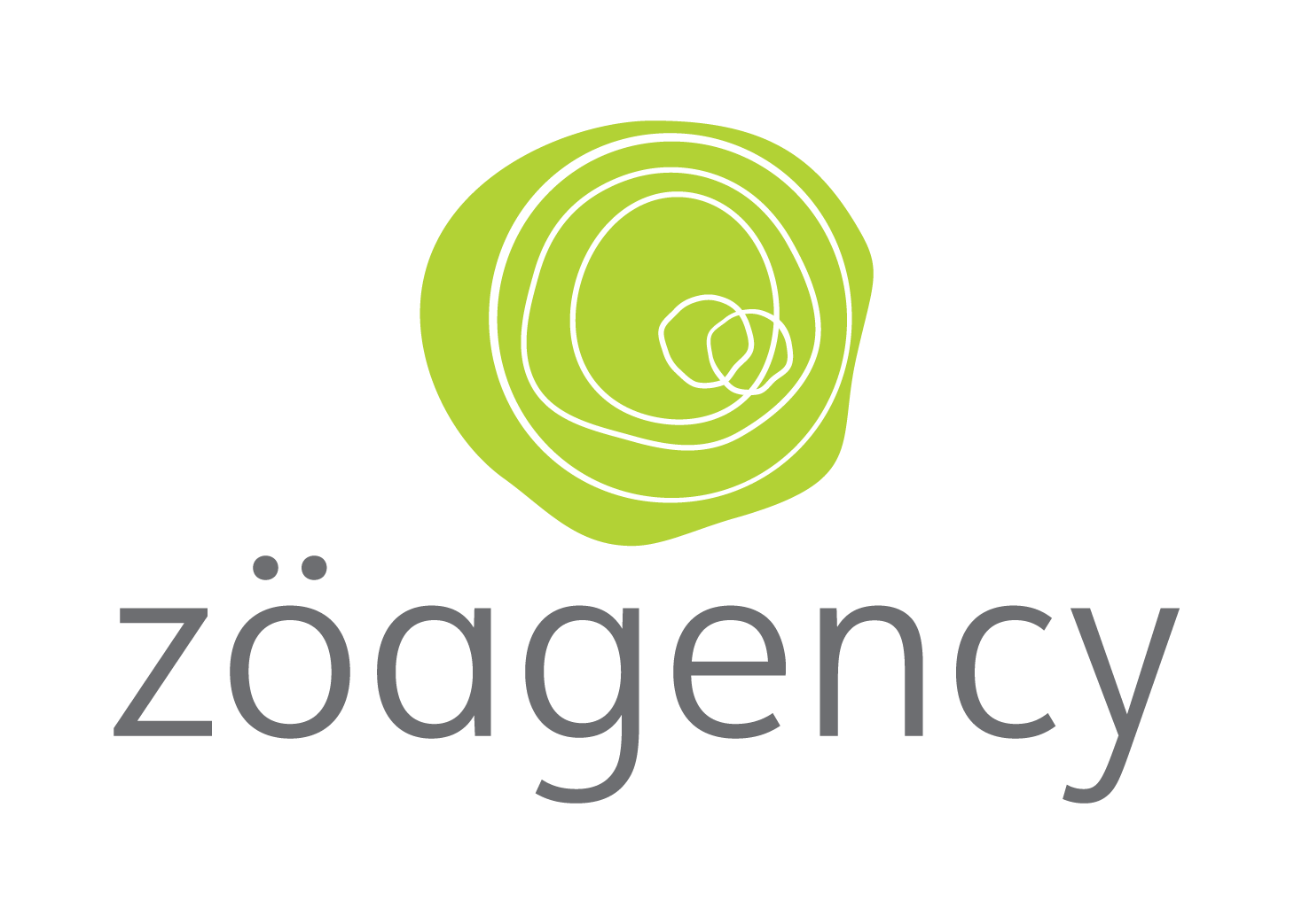 Logo with a stylized green tree ring cross section and the word 'zöagency' beneath it.
