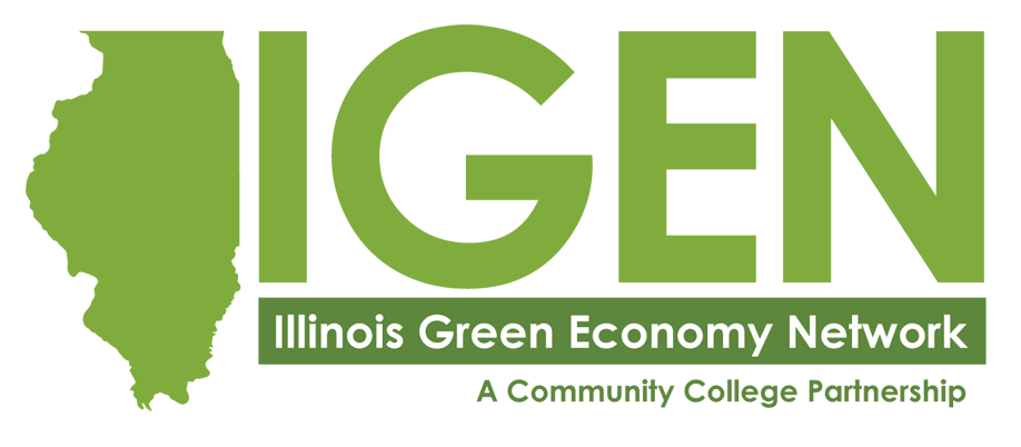 Logo for the Illinois Green Economy Network featuring a green outline of Illinois with the acronym IGREEN in bold green letters, and the text 'Illinois Green Economy Network' and 'A Community College Partnership' below.