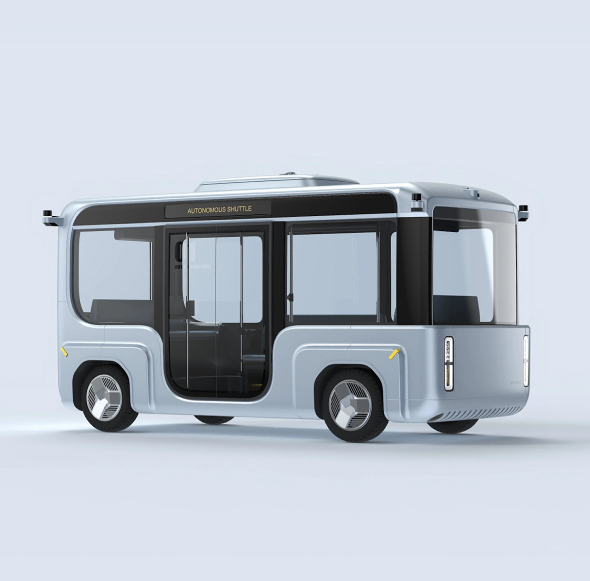 자동셔틀 차량의 상단 부분 모습, 차체는 흰색이고 유리창과 'AUTONOMOUS SHUTTLE'라는 표지가 보임.