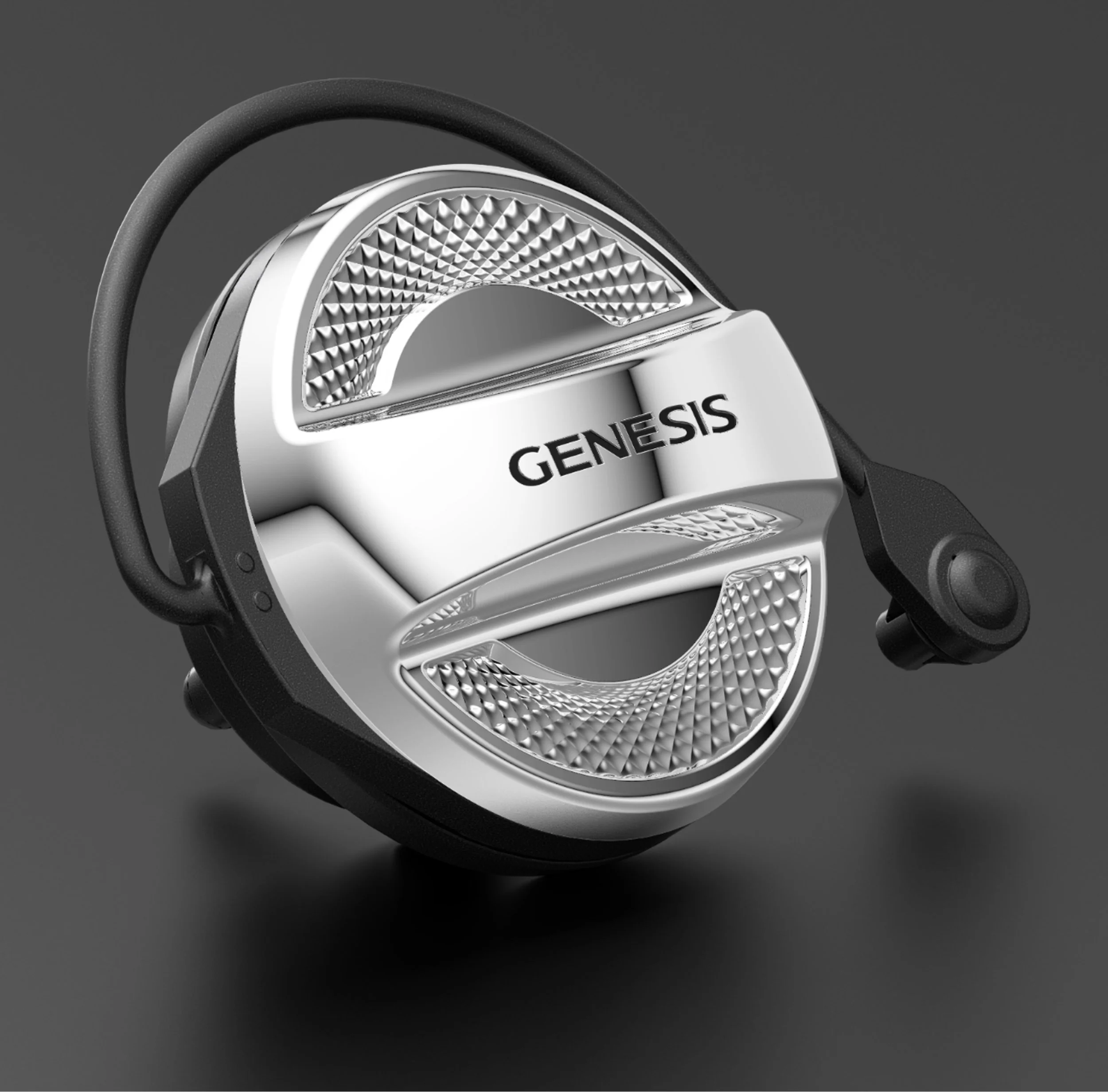 그래픽 디자인의 디지털 기기인 헤드셋 또는 헤드폰, 중앙에 'GENESIS'라는 텍스트가 표기되어 있으며 검은색 배경