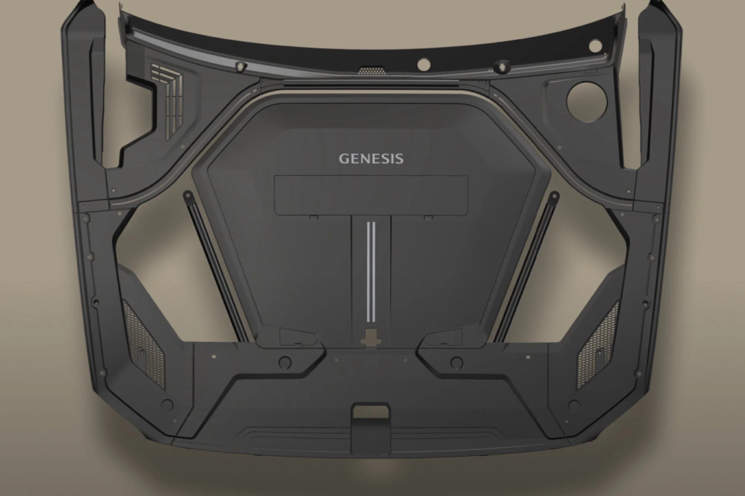 기술 또는 과학 관련 장비 또는 부품, 'GENESIS'라는 텍스트가 새겨진 검은색 금속 판.