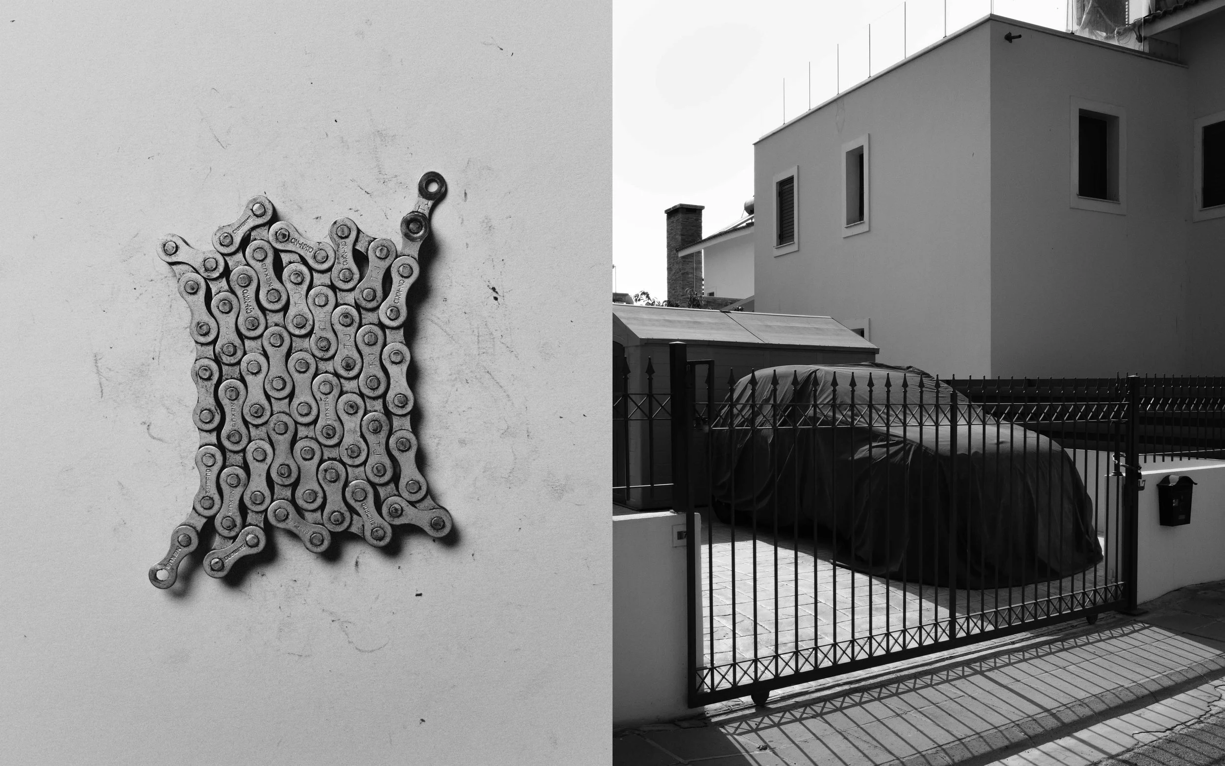 Zweiteiliges Bild, links eine Nahaufnahme einer Fahrradkette auf einer weißen Oberfläche, rechts eine Reihenaufnahme eines modernen weißen Hauses mit Balkon, Zaun und Tür im Freien.