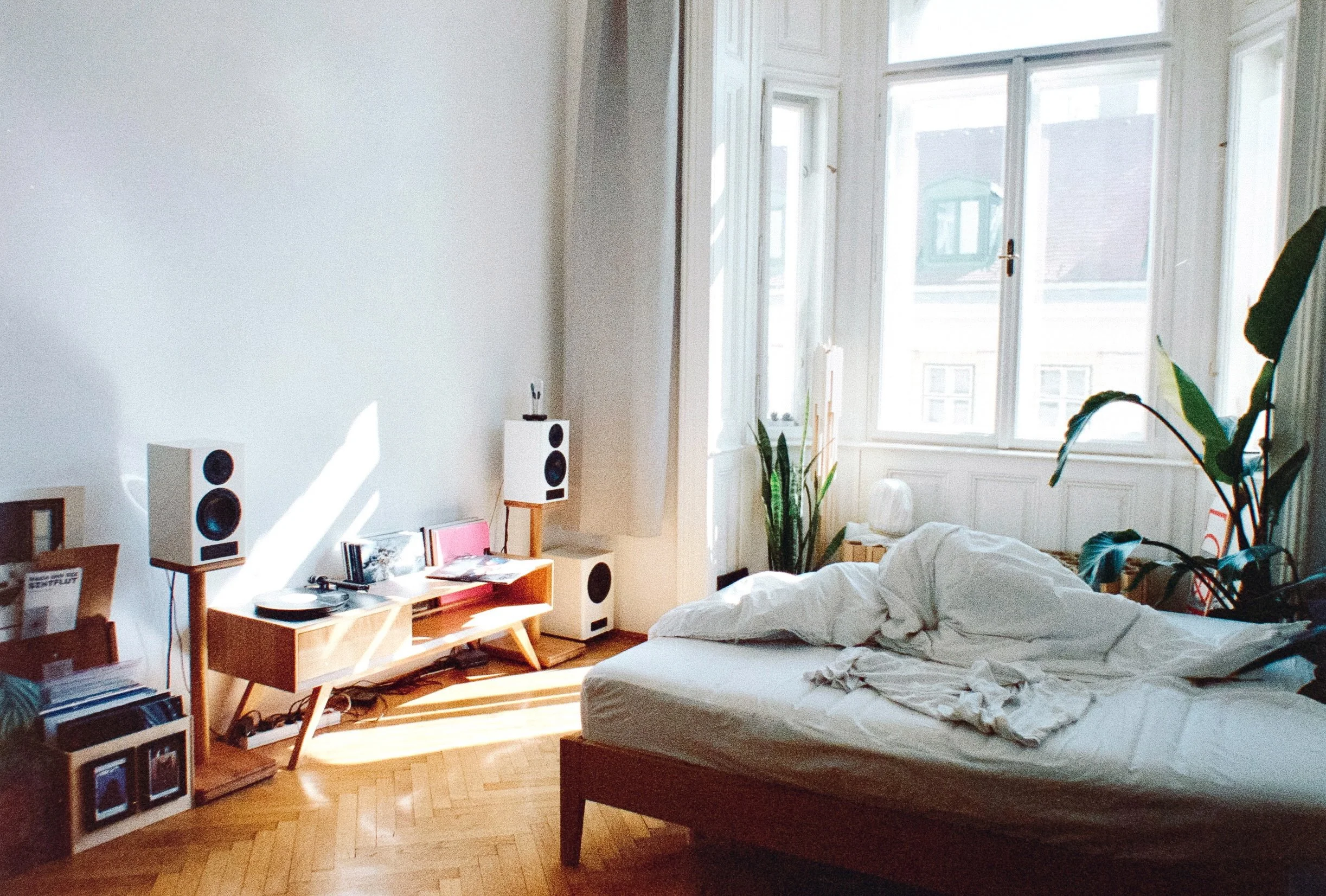 Ein Schlafzimmer mit einem unordentlichen Bett, einem Fenster, einem Regal mit Büchern, Lautsprechern, Pflanzen und einer Sitzecke.