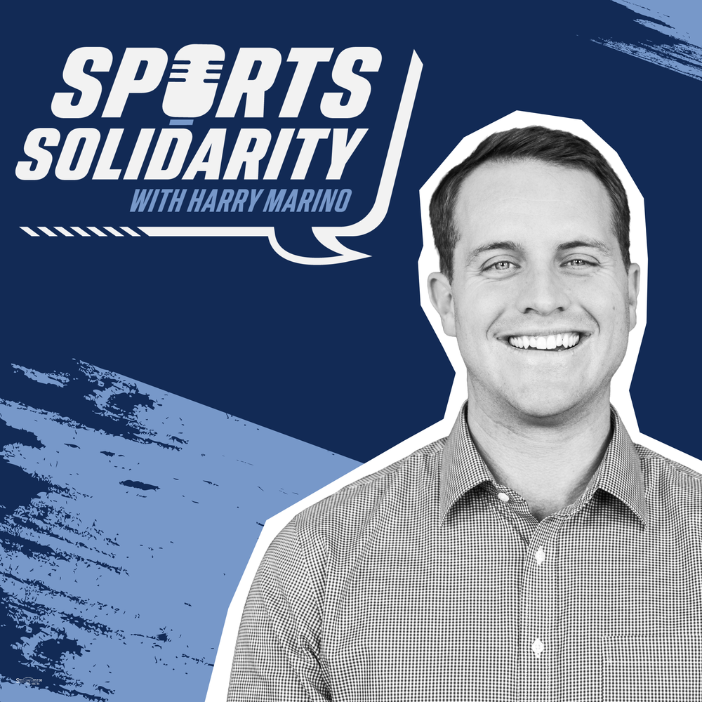 Promotional graphic for Sports Solidarity with Harry Marino featuring a smiling man in a checkered shirt on a blue background with text and design elements.