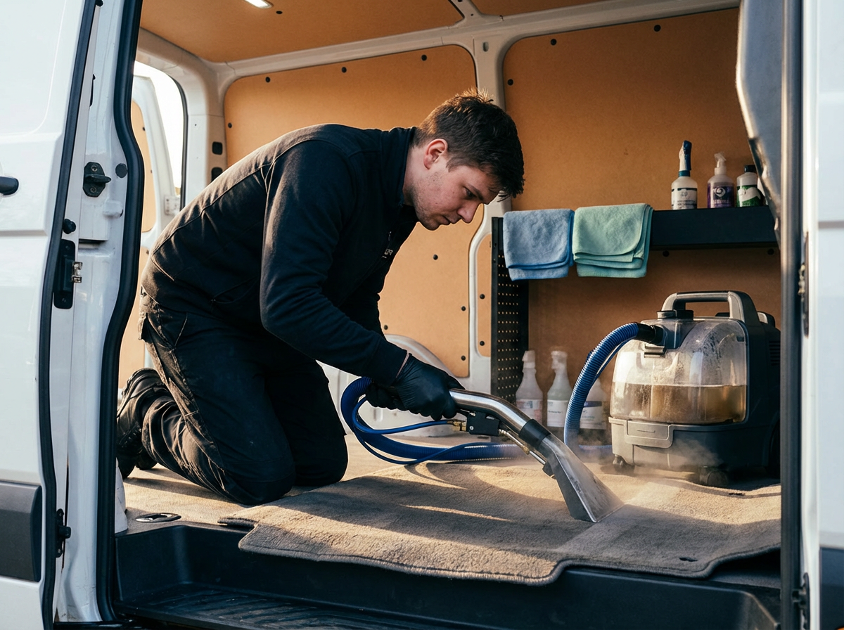 A man kneeling on the floor of a van, cleaning a carpet with a professional carpet cleaner machine.