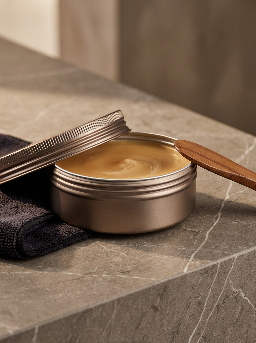 A metal tin container filled with beige-colored balm or wax, with a partially opened lid, placed on a dark towel on a marble countertop, with a wooden spatula resting on the container.
