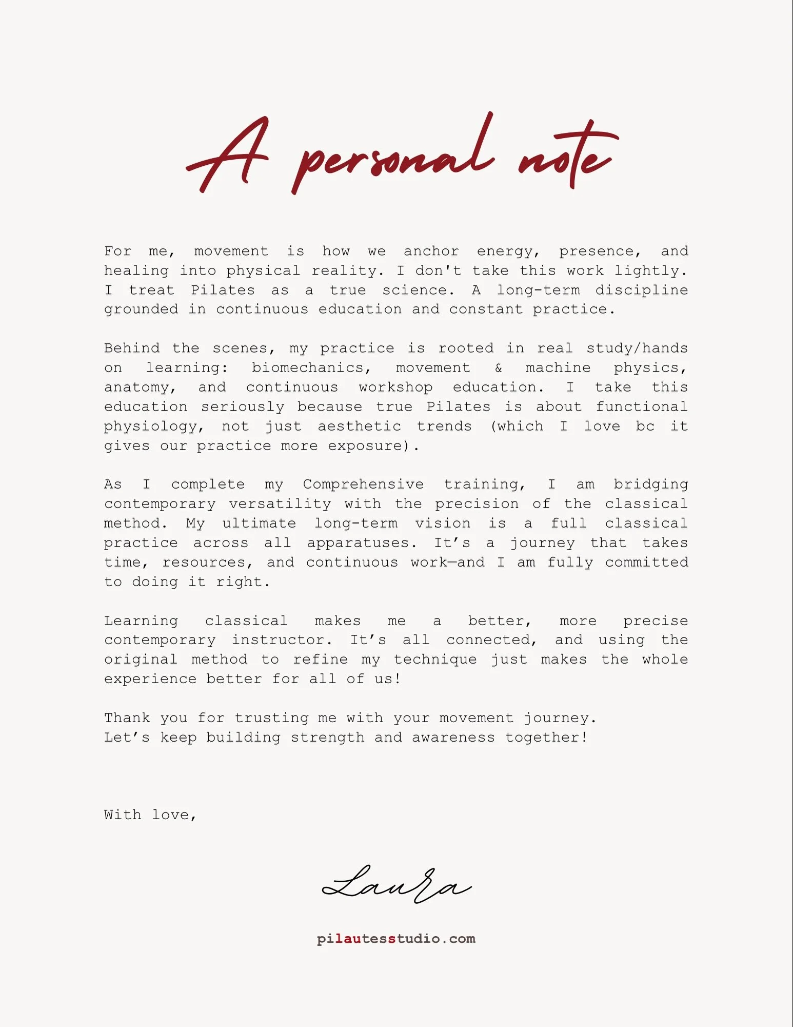 A note from the heart about my practice, my education, and where we&rsquo;re going together.

Espa&ntilde;ol&mdash;
Reflexiones sobre mi pr&aacute;ctica, mi educaci&oacute;n continua y el camino que construimos juntos.

#PilatesInstructor #ClassicalP