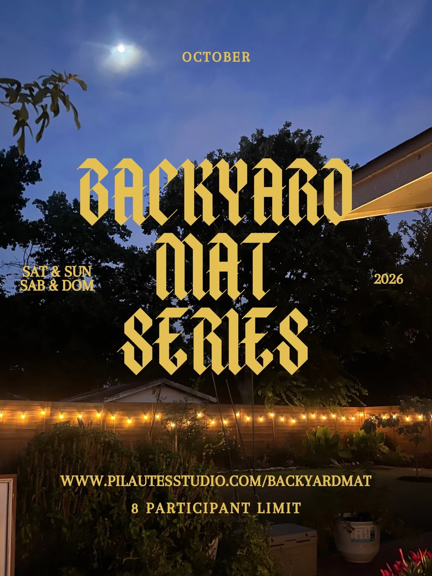 www.pilautesstudio.com/backyardmat 
The backyard Mat series will run through October, an exclusive preview of our mat Pilates program before we expand into the main studio.

8 spots available per class. $15 each class. 

La Backyard Mat Series se ext