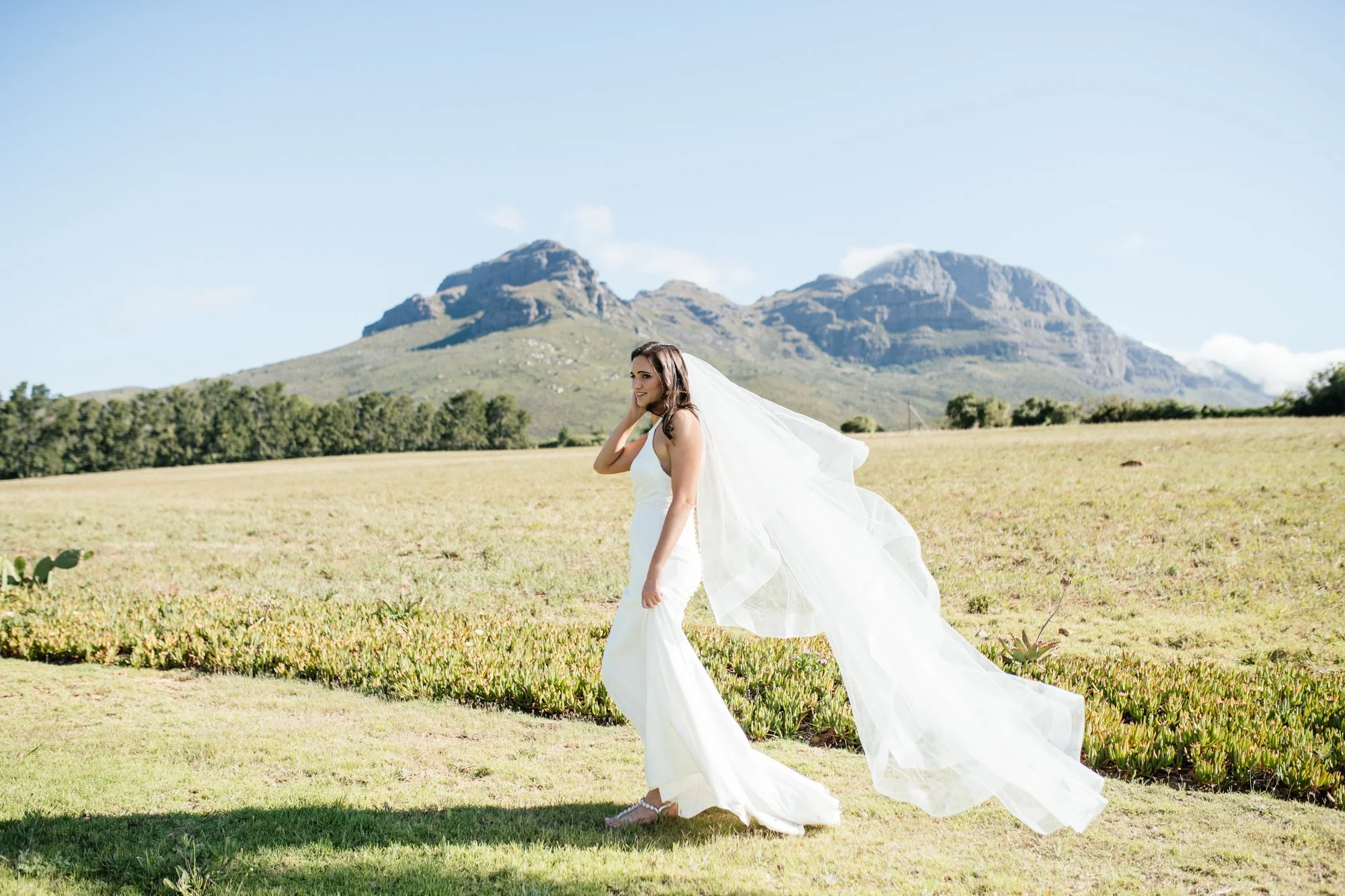 A woman in a white wedding dress and veil stands in an open grassy field with mountains in the background. She is smiling and looking to the side.