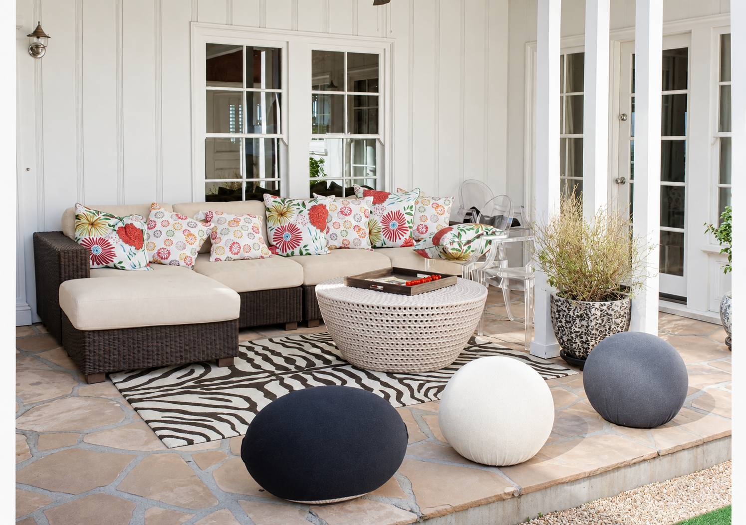 A cozy living room with a sectional sofa adorned with floral-patterned pillows, a round wicker coffee table, zebra print rug, and large windows with white curtains allowing sunlight to brighten the space. There are decorative elements including a potted plant and hanging light fixtures.
