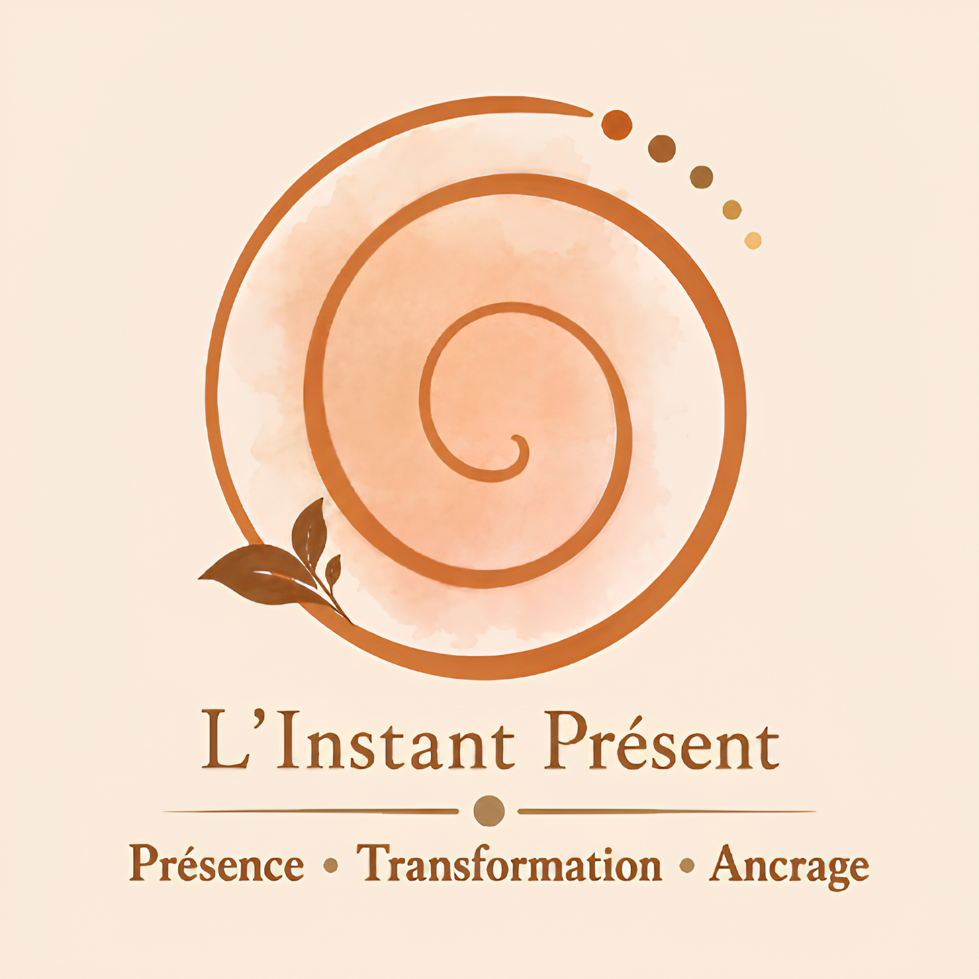 Logo avec un cercle brun, une spirale, et une feuille. Texte en français et en anglais mentionnant 'L’Instant Présent', 'Présence', 'Transformation', 'Ancrage', 'Present Moment', 'Presence', 'Transformation', 'Anchoring'.