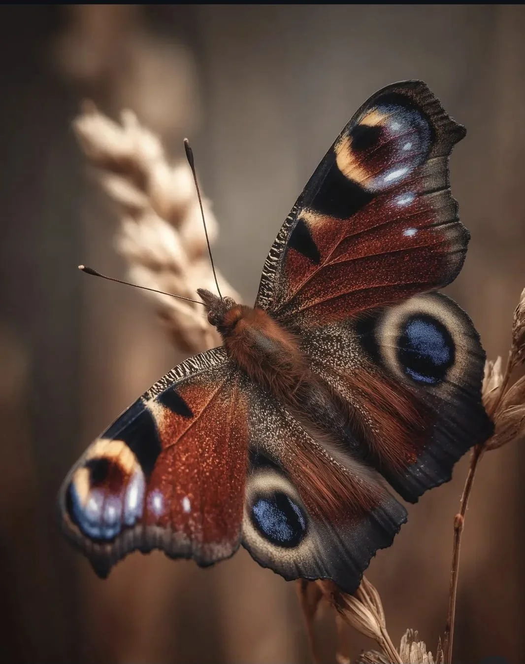 Une jolie papillon aux ailes coloration marron, noire et bleue repose sur une branche.