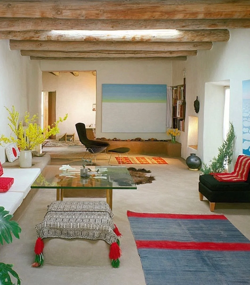 Salon de maison avec meubles modernes, tapis colorés, fauteuils, étagère avec livres, peinture abstraite, plantes et fenêtres lumineuses.