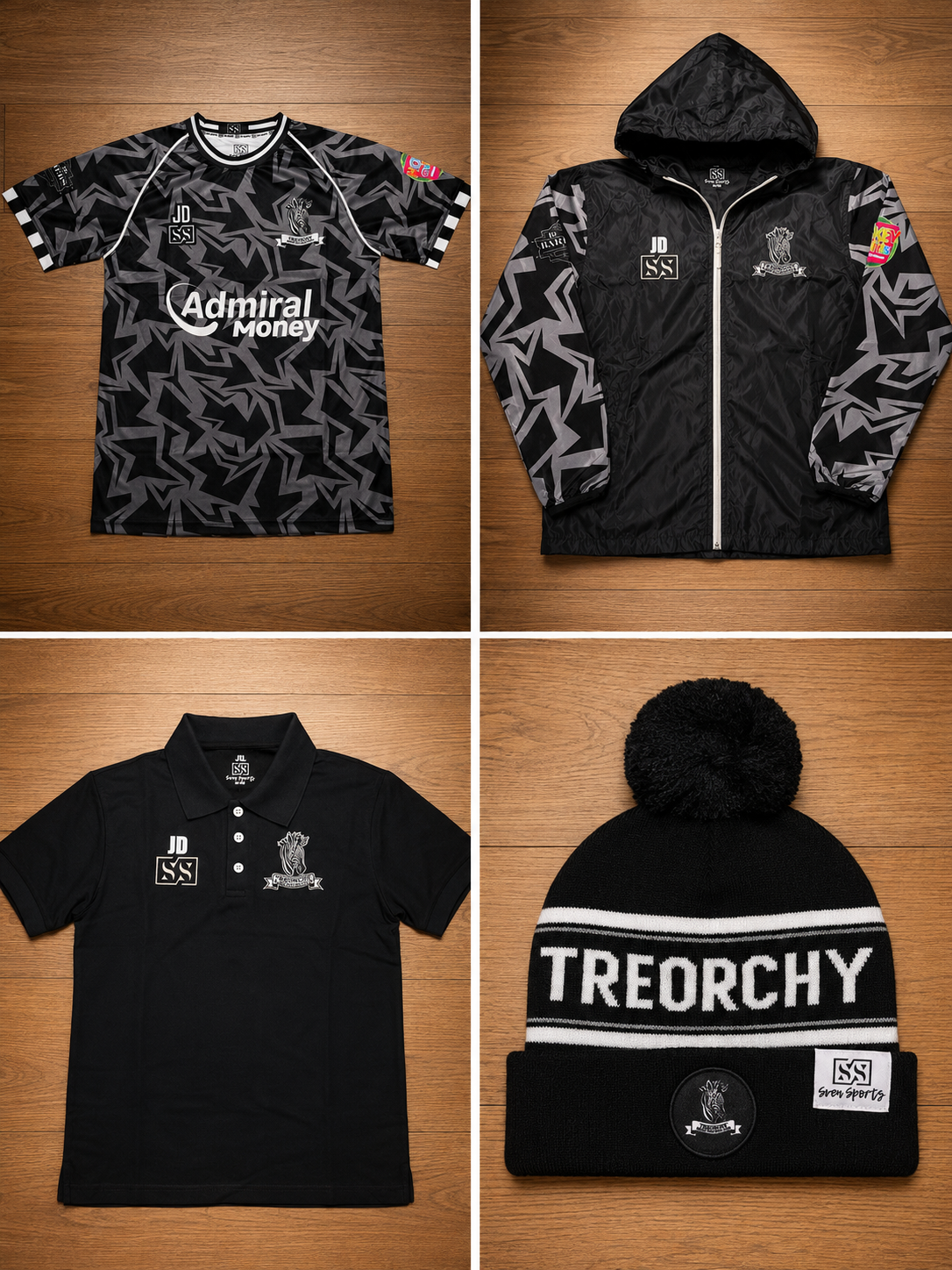 Set of four black and gray sportswear items including a patterned T-shirt, a hooded windbreaker, a polo shirt, and a beanie hat with a pom-pom featuring branding and logo designs.