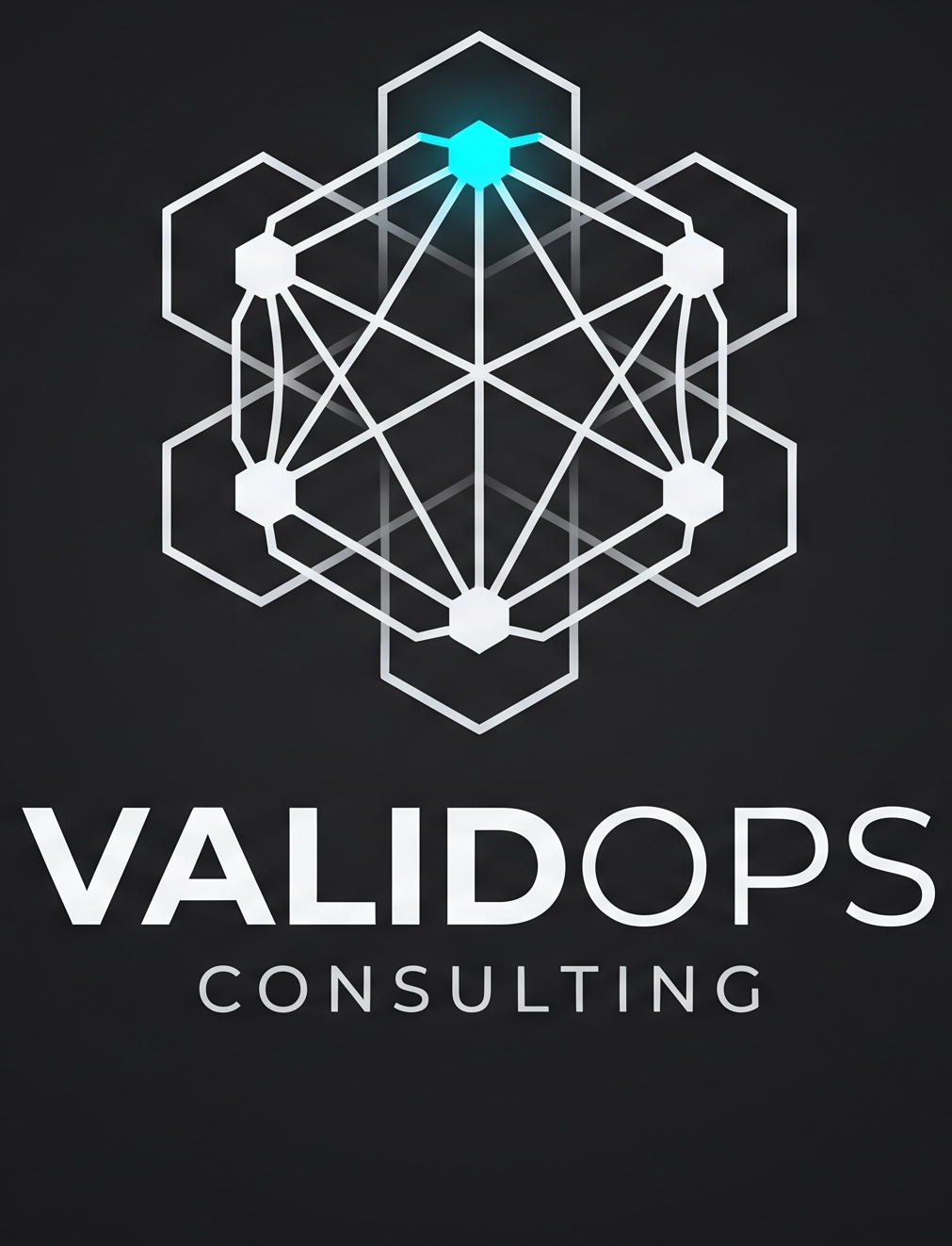 Logo for VALIDOPS Consulting with a geometric hexagonal design connecting circles and lines on a dark background.