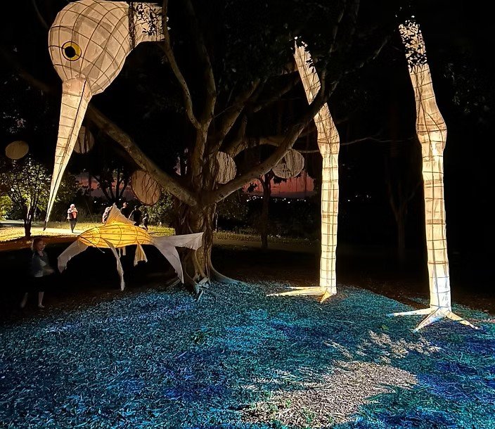 Illuminated paper lantern sculptures resembling animals and abstract shapes hanging from and around a tree in a park at night.