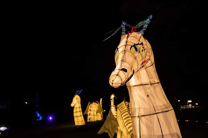 Nighttime scene with illuminated paper lanterns shaped like mythical creatures, including a large horse with a decorative headpiece in the foreground.