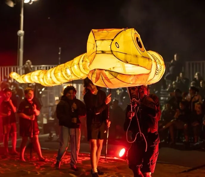 Person holding a large illuminated snake-shaped lantern at night during a festival or event with people in the background.