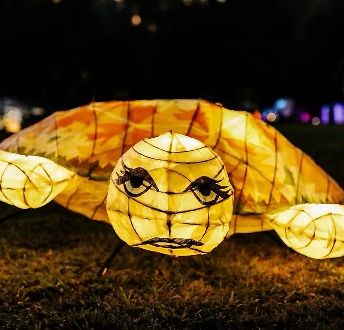 Lanterns shaped like clouds with a moon face and a cloud face, lit from within and placed on grass at night.