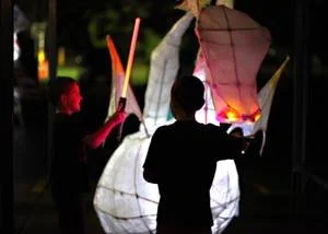 Child interacting with a Dragon Lantern outdoors at night.