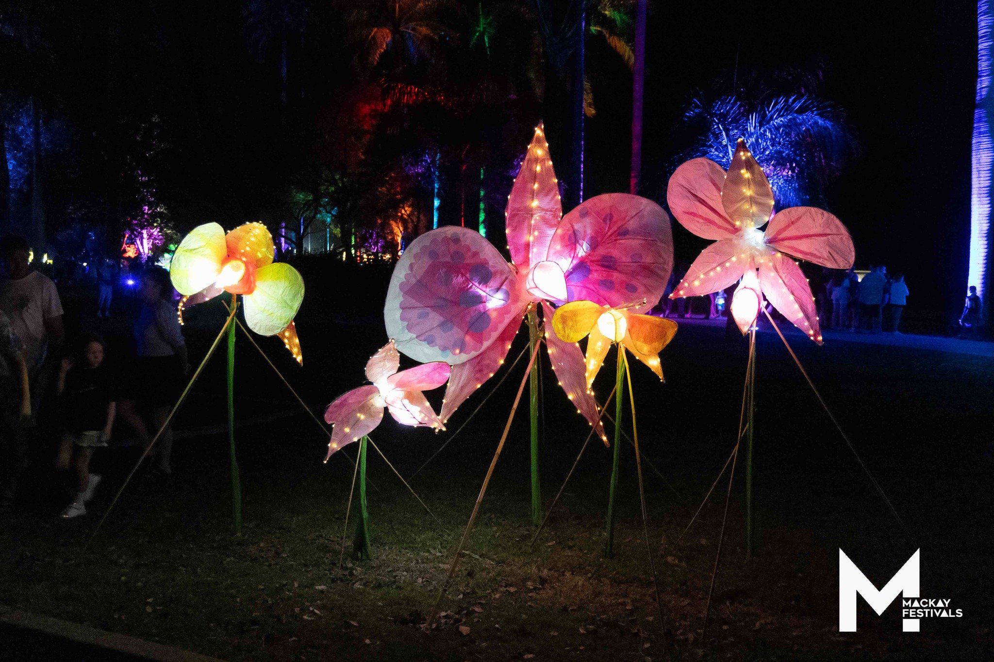 Colorful illuminated paper lantern flowers at night with trees and people in the background at a festival.