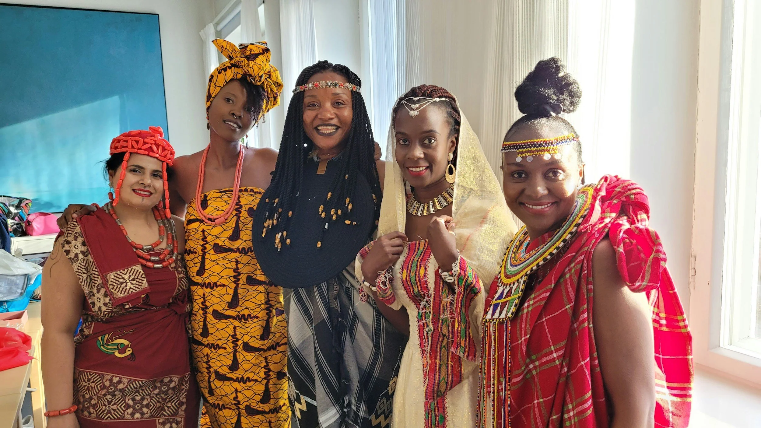 5 African women stand together from the diverse culture of African continent