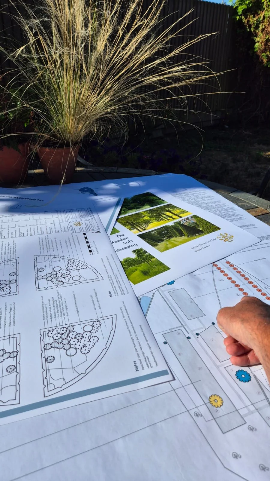 Outdoor table with landscape design plans, diagrams, and brochures, with a potted ornamental grass plant in the background.