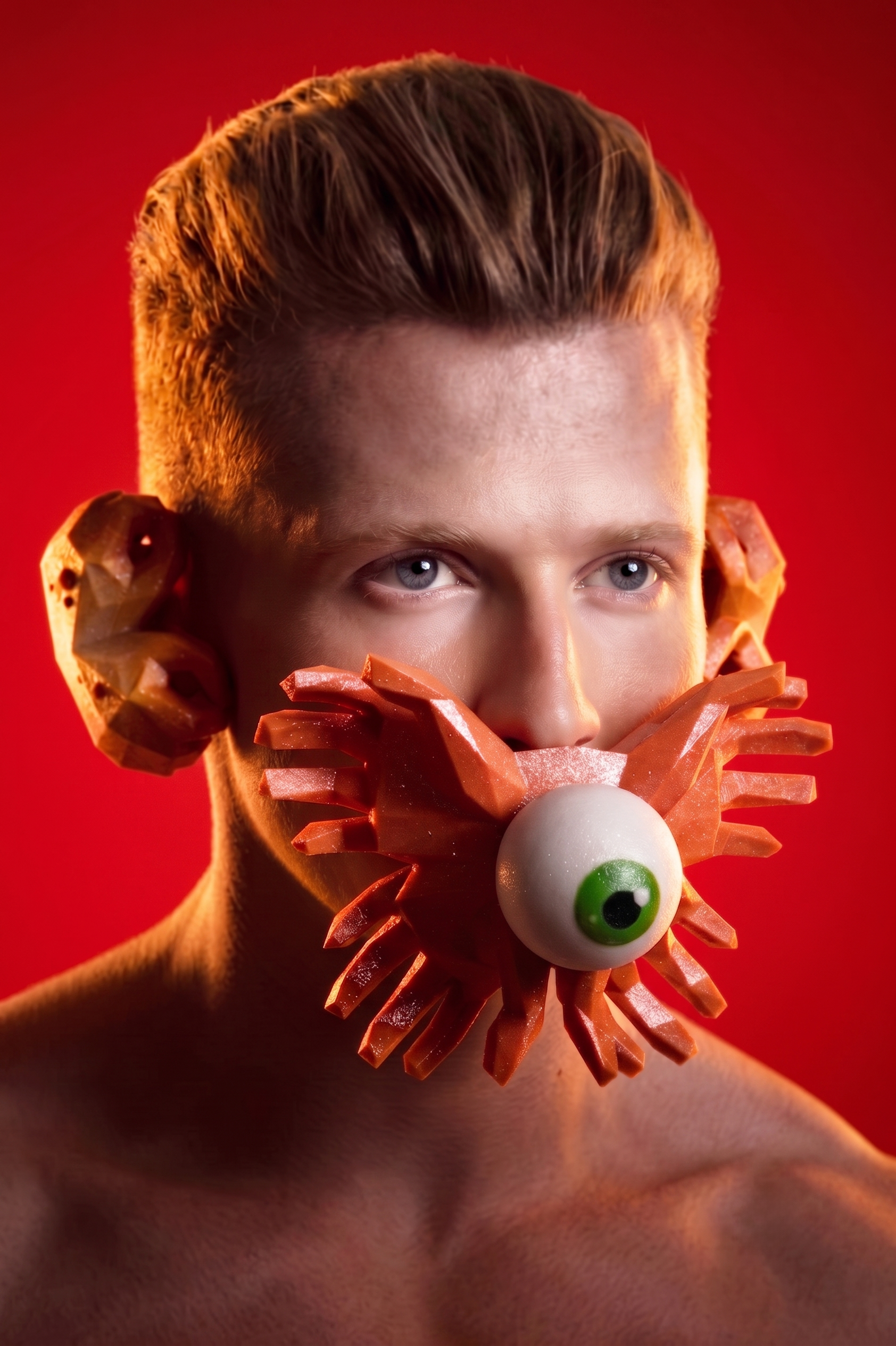A person with short brown hair and blue eyes holding a mask made of red spaghetti-like noodles with a large white and green eyeball attached, against a red background.