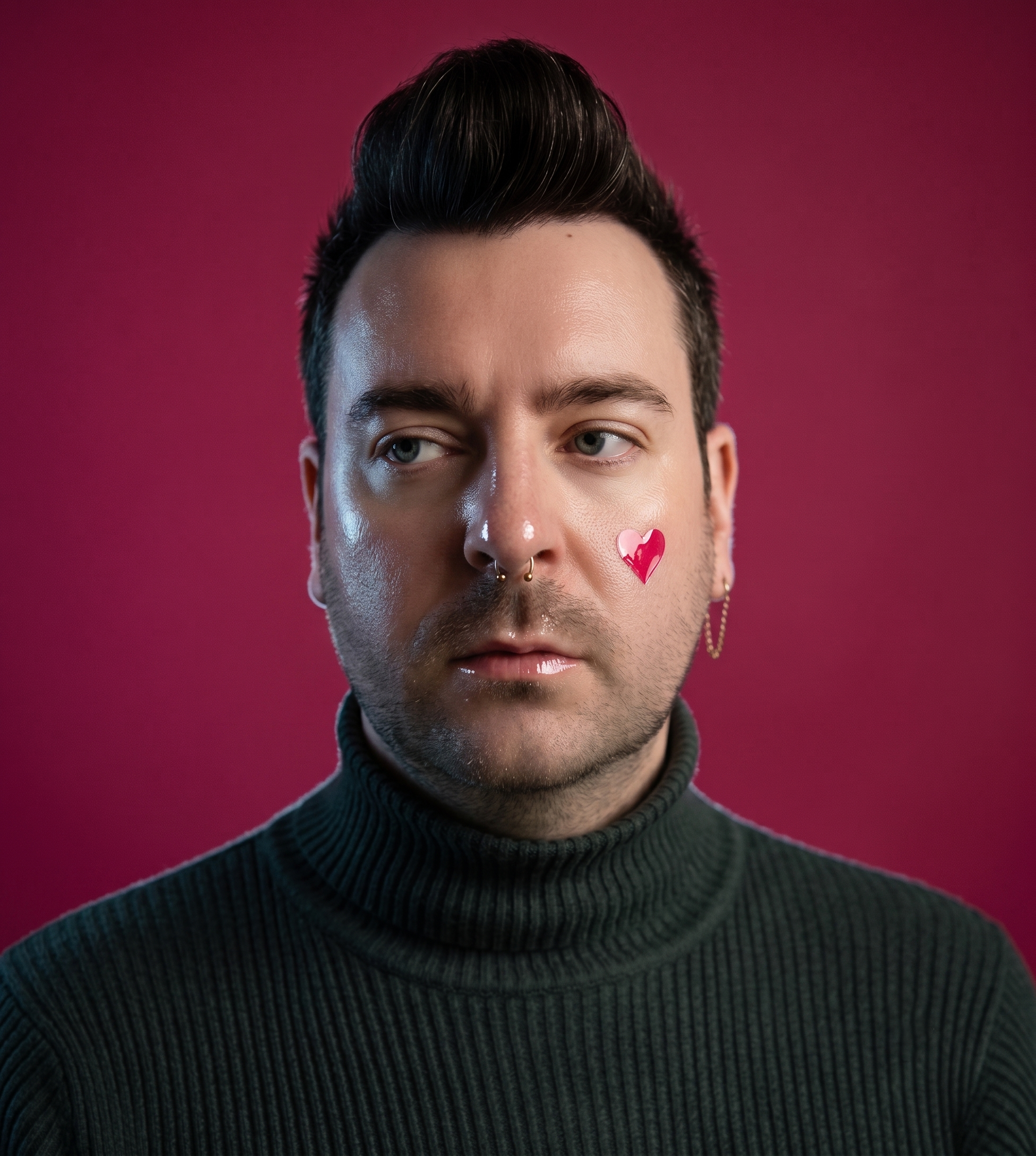 Close-up of a young man with dark hair styled upwards, wearing a dark ribbed turtleneck sweater, with a small heart sticker on his lip, against a solid pink background.