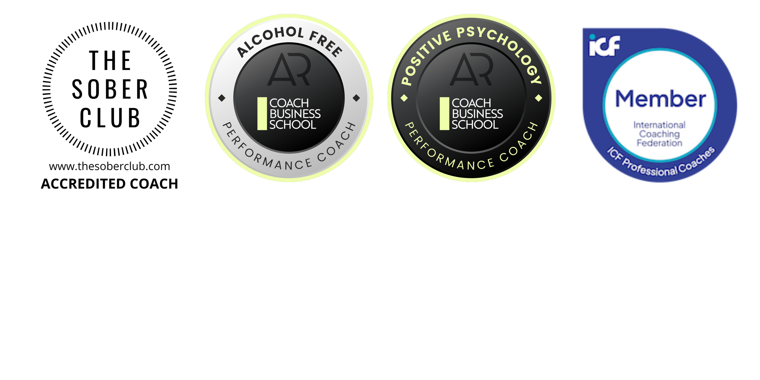 Coaching accreditations and certification badges, including ICF membership and alcohol-free coach training, sober life coach training, positive psychology coach training