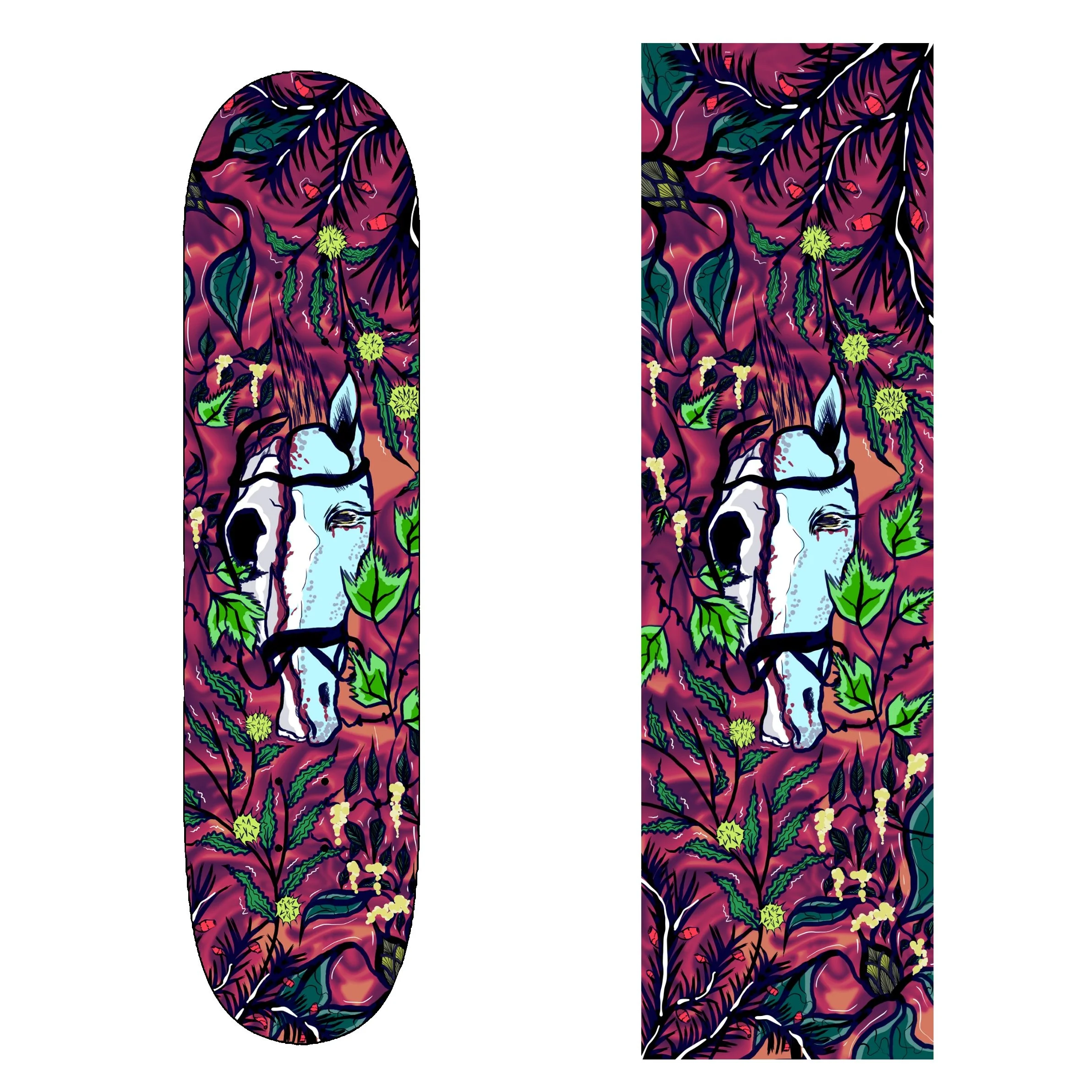 Skateboard design concept of a decaying horse head
