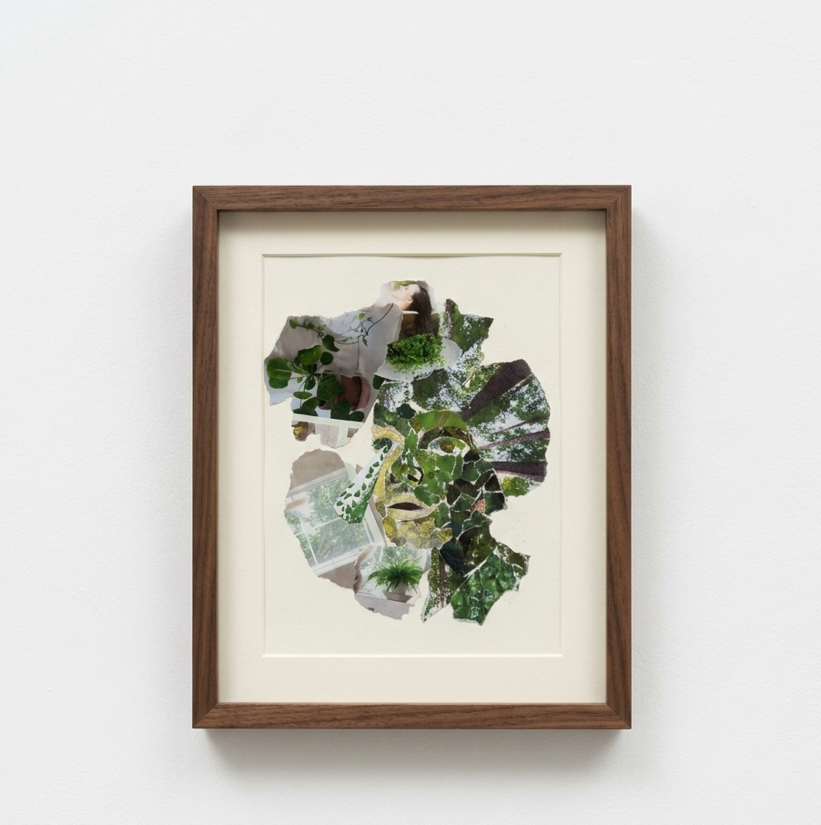 Title: Forest Bathing 

Medium: Analog paper collage on cream paper
Dimensions: 20x 25 in 
Frame: Natural walnut wood frame with a cream window mat.

Concept: Inspired by the Japanese practice of Shinrin-yoku (Forest Bathing), this piece explores the