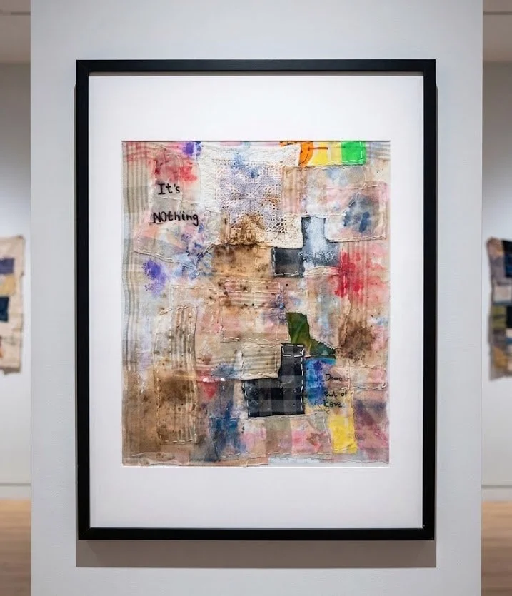 Title: Absorbed LaborMedium: 
Mixed media textile collage, including reclaimed fabrics, lace, hand-stitching, ink, and fabric dye on a textile substrate

Dimensions (Artwork): Approximately 50x 65 in (with a standard vertical/portrait orientation)

F