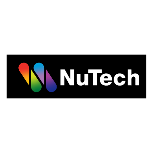 NuTech logo with colorful abstract design and white text on a black background.