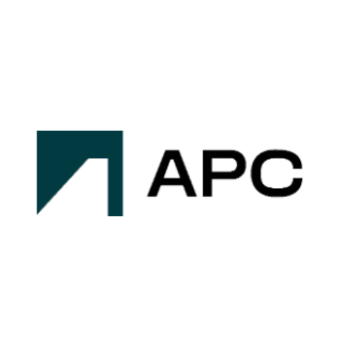 APC logo with black text and a teal geometric shape on a black background.