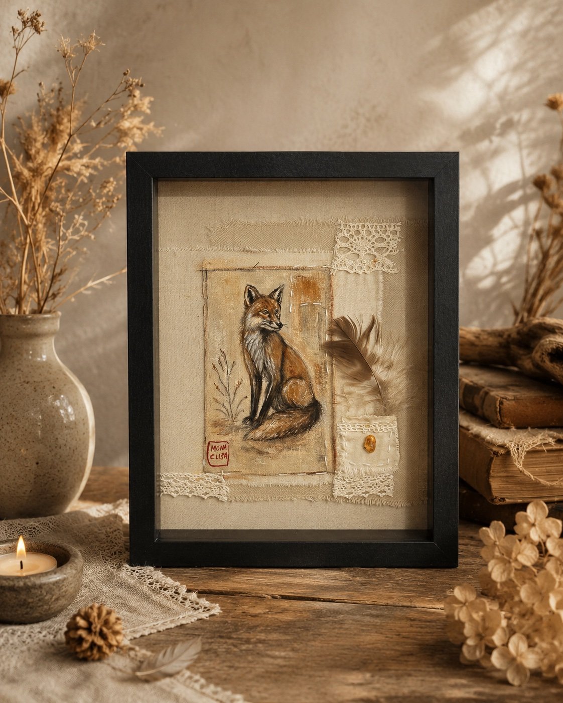A framed artwork of a sitting fox with a detailed background of dry plants and textured fabric, surrounded by dried flowers, lace, and a lit tealight candle on a wooden surface.