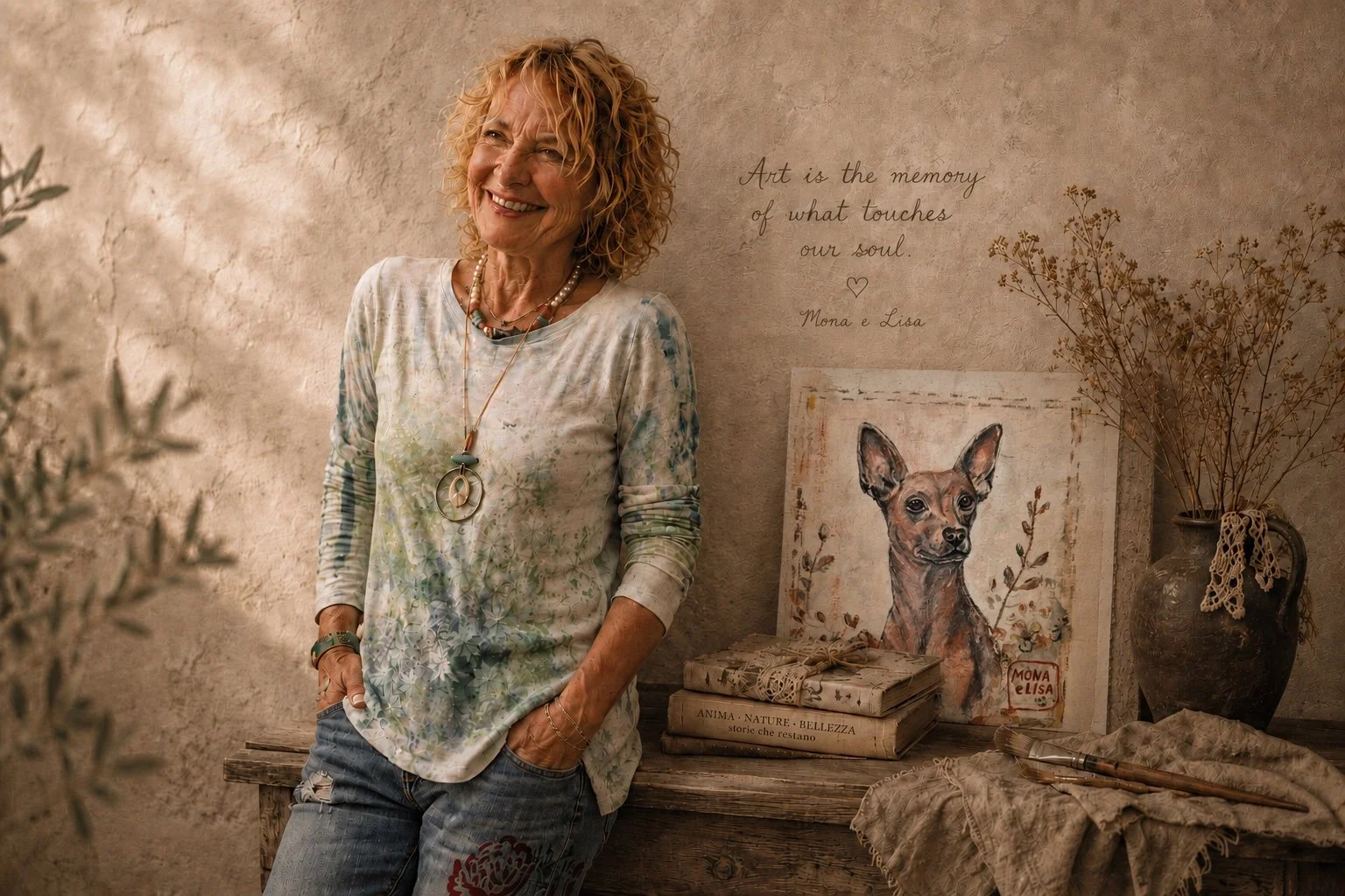 A woman with curly hair smiling and standing with her hands in her pockets in a cozy room decorated with art and dried flowers. There's a painting of a dog and a quote on the wall that reads, "Art is the memory of what touches our soul."