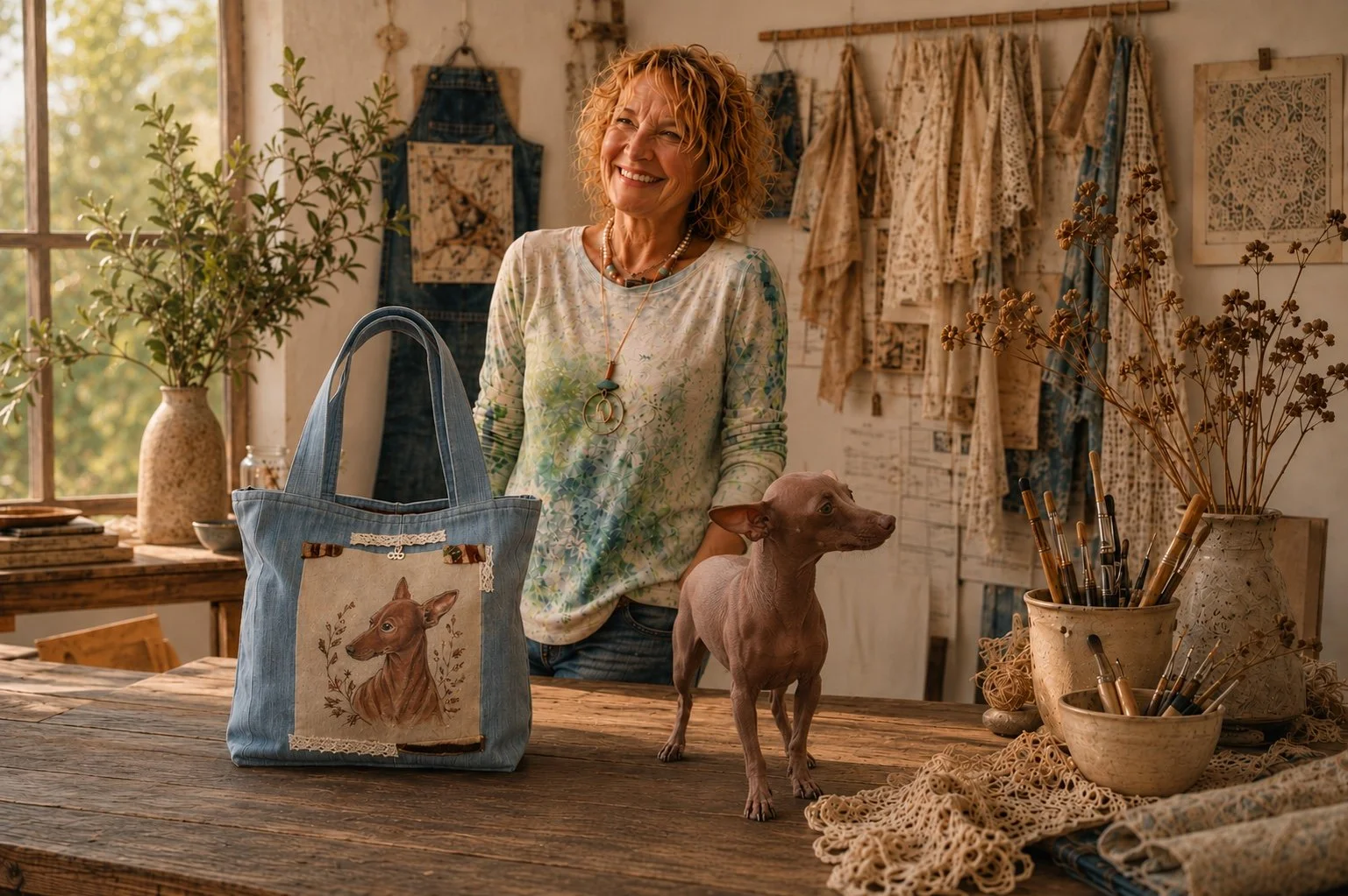 An older woman with curly blonde hair smiling in a craft room, standing behind a small brown dog on a wooden table. The room features natural light from a window, plants, and walls decorated with fabric and patterns. A denim bag with a  illustration is on the table, surrounded by brushes and dried flowers.