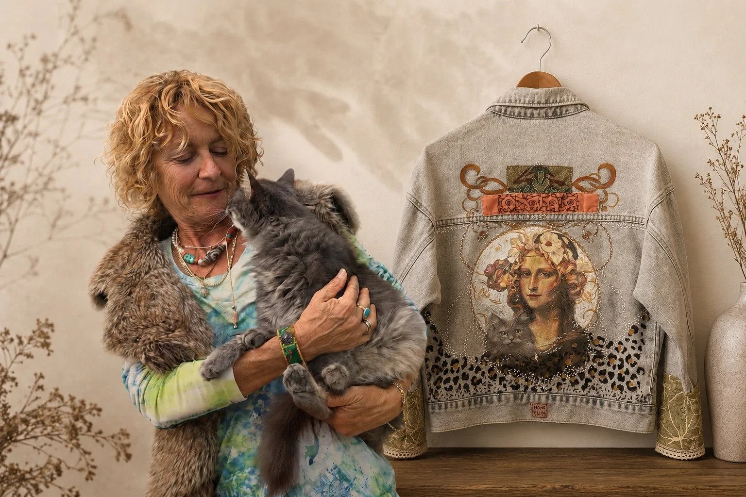 An elderly woman with curly blonde hair, wearing a multicolored shirt, a fur vest, and jewelry, holding a long-haired gray cat close to her face, looks at it with affection. Behind her, a decorated denim jacket with an artistic portrait of a woman with flowers in her hair and a cat, and lace detailing, hangs on a wall, with bare branches in vases on either side.