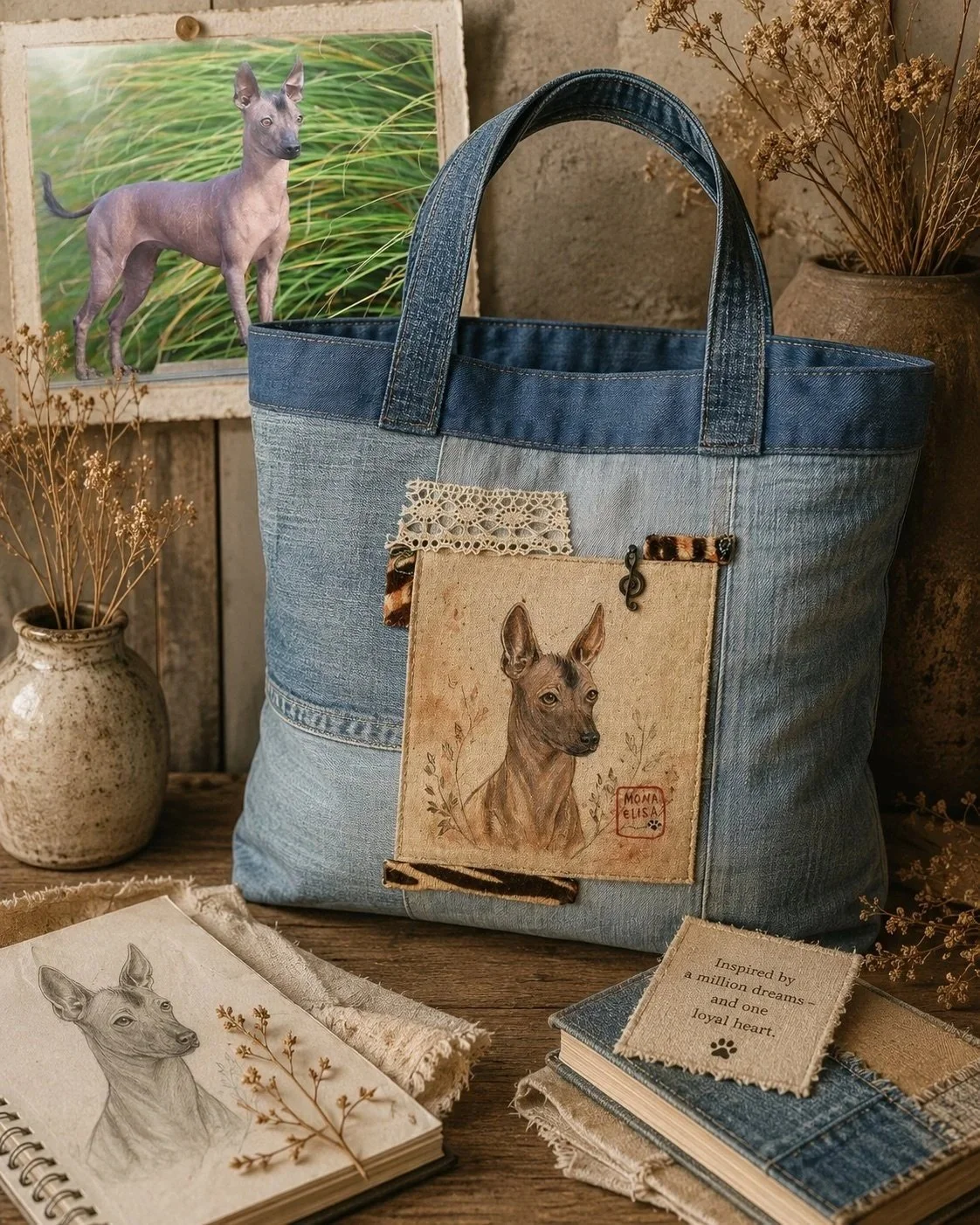 A denim tote bag with a dog illustration hanging on the front, surrounded by dried flowers, sketchbook with a dog pin, and fabric patches, with a framed dog photo in the background.