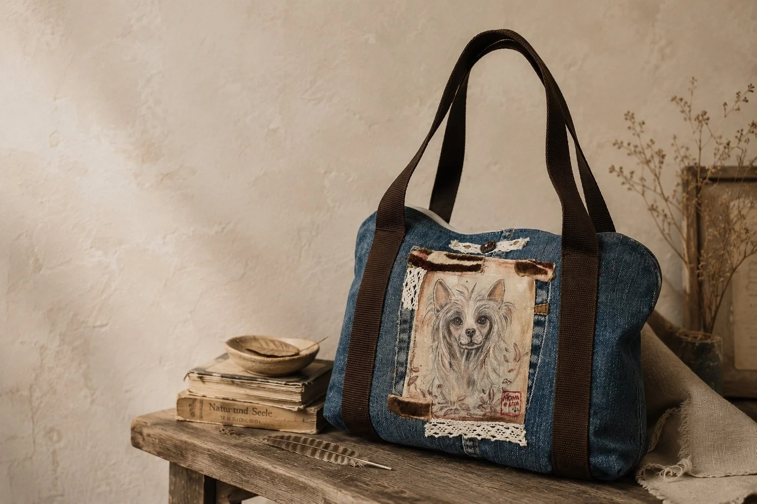 A denim tote bag with a dog portrait patch on the front, placed on a rustic wooden table alongside a small ceramic bowl, a stack of books, and a feather, with a textured cream-colored wall in the background.