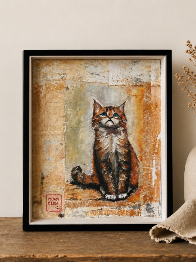 Framed watercolor painting of a sitting brown tabby cat with blue eyes, set against abstract textured background in beige, orange, and gray tones, signed by Mona & Lisa.
