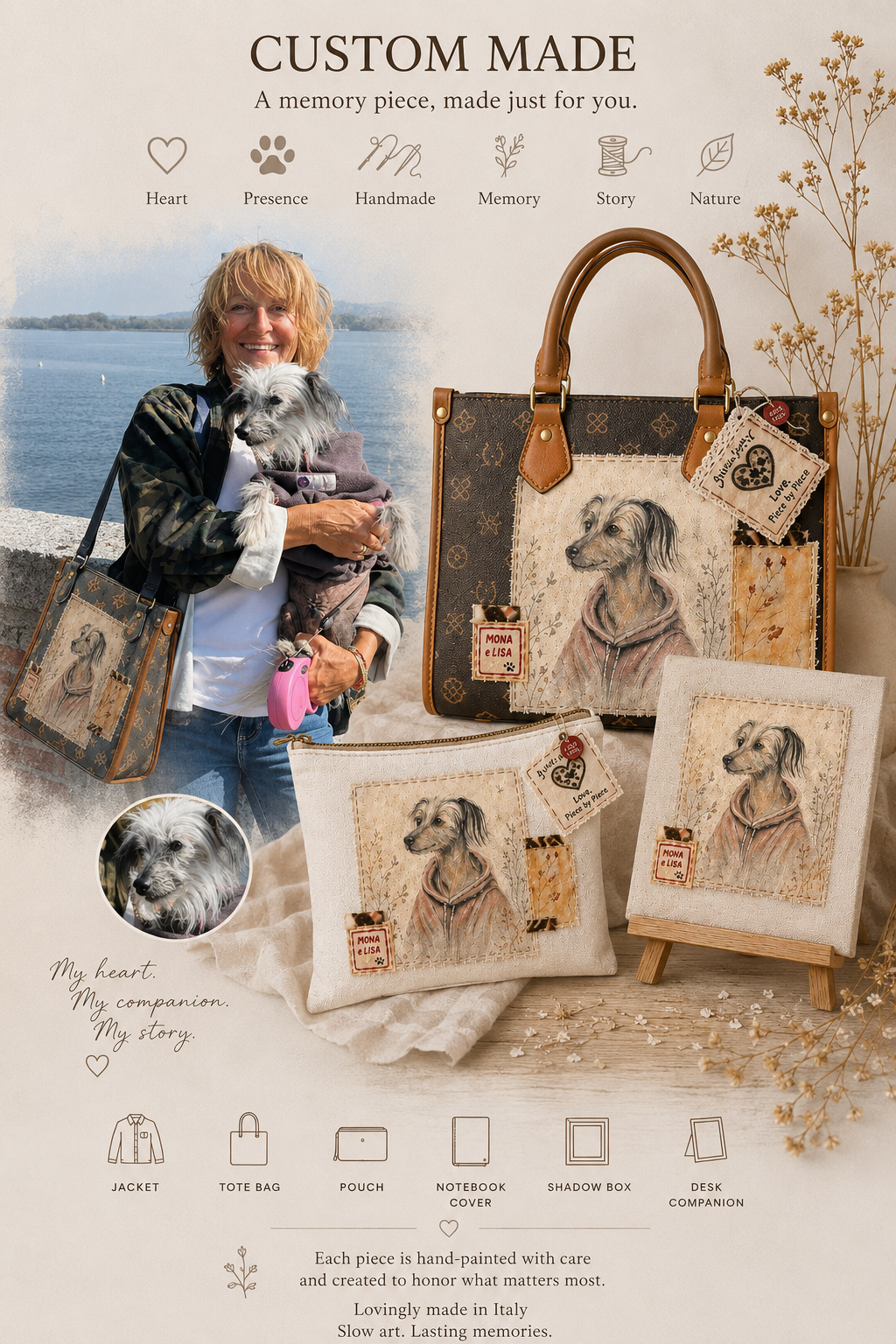 Display of custom-made pet-themed accessories, including handbags, pouches, and artwork featuring a dog, with a woman holding a dog near a waterfront, and decorative dried flowers in the background.