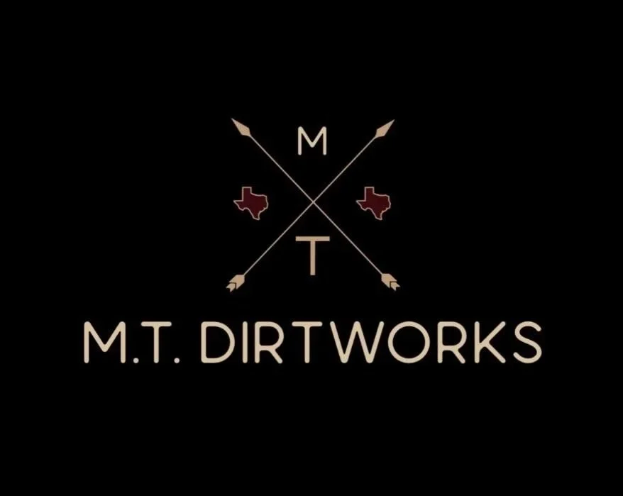 Logo for M.T. Dirtworks featuring crossed arrows, a capital M and T, and two small Texas-shaped outlines.
