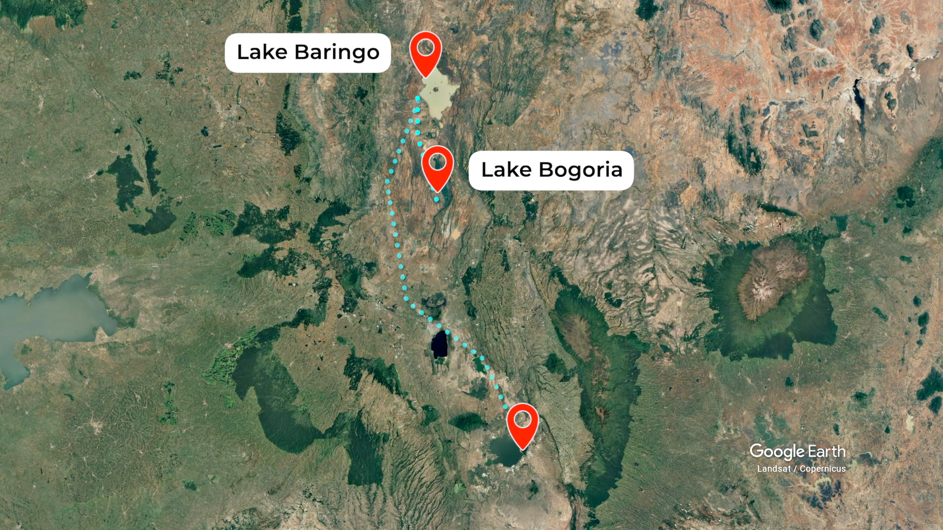 Map showing a route between Lake Baringo and Lake Bogoria in Kenya with markers indicating each lake.